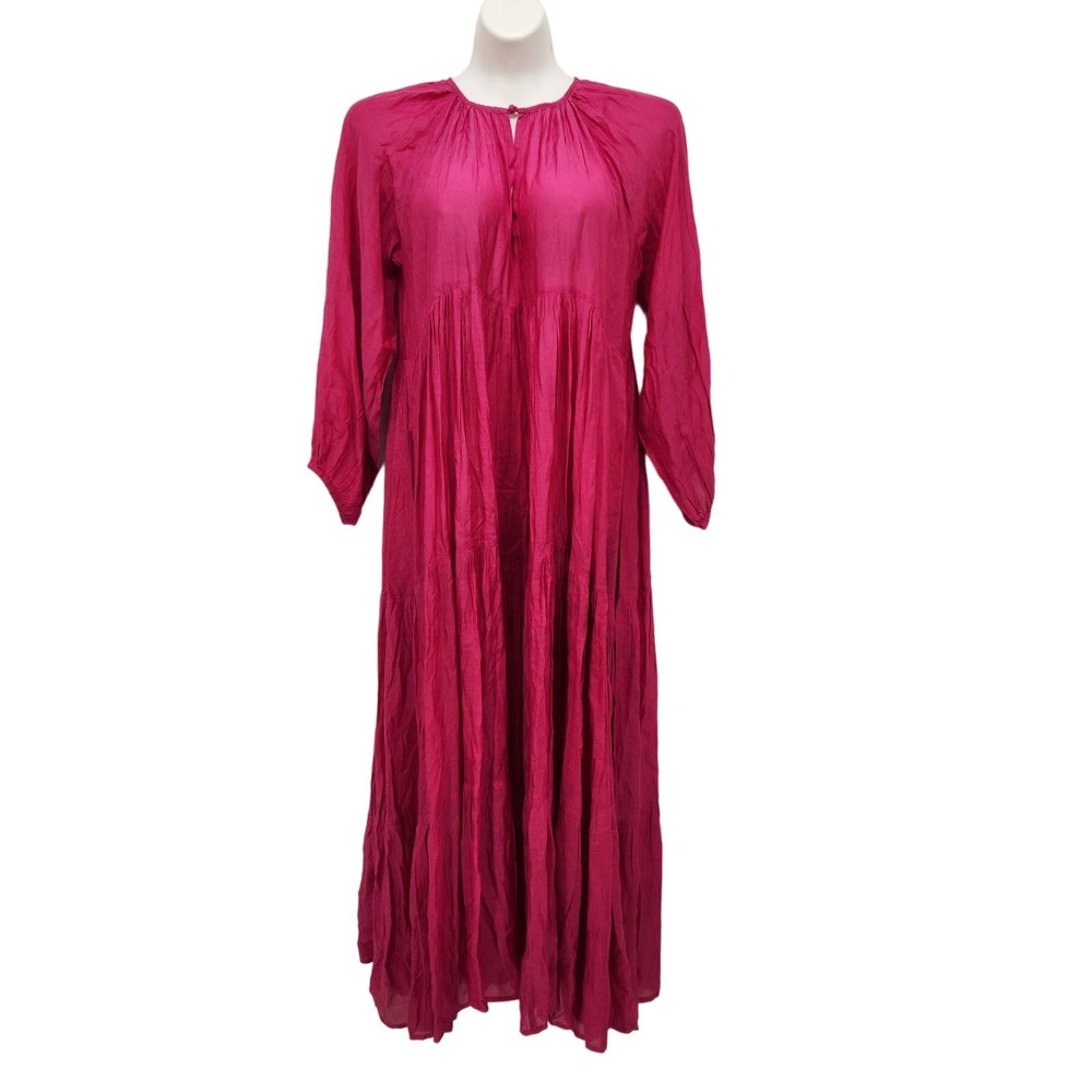 Naudic‎ Hot Pink Molly 3/4 Balloon Sleeve Tiered Maxi Boho Dress Women's M
